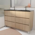 Meuble de salle de bains 120 cm 6 tiroirs chêne clair + vasque double céramique noire - xenos Meuble de salle de bains 120 cm 6 tiroirs chêne clair + vasque double céramique noire - xenos