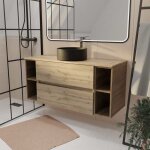 Meuble de salle de bains 120 cm timber - décor chêne 2 tiroirs vasque noire à poser Meuble de salle de bains 120 cm timber - décor chêne 2 tiroirs vasque noire à poser