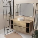 Meuble de salle de bains 120 timber d�cor ch�ne 2 tiroirs - vasque blanche � poser miroir led 100x70