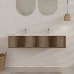 Meuble salle de bains 120cm 2 tiroirs décor chêne et noir cranté - vasque blanche mate - yuki Meuble salle de bains 120cm 2 tiroirs décor chêne et noir cranté - vasque blanche mate - yuki