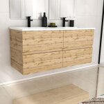 Meuble de salle de bains 120cm 4 tiroirs chêne naturel + vasque céramique blanche - timber 120 Meuble de salle de bains 120cm 4 tiroirs chêne naturel + vasque céramique blanche - timber 120