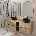 Meuble salle de bains 140 timber d�cor ch�ne 4 tiroirs et module vasques noires miroirs led 60x80