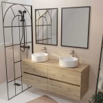 Meuble salle de bains 140 timber d�cor ch�ne 4 tiroirs - vasques � poser blanches - 2 miroirs 60x80