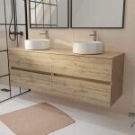 Meuble de salle de bains 160 timber d�cor ch�ne - 4 tiroirs - 2 vasques rondes blanches