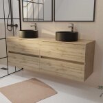 Meuble de salle de bains 160 timber dcor chne - 4 tiroirs - 2 vasques rondes noires