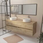 Meuble salle de bains 160 timber d�cor ch�ne 4 tiroirs plan vasques � poser blanches 2 miroirs 75x55