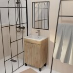 Meuble de salle de bains 50 cm dcor chne naturel - vasque blanche et miroir 50x70 avec cadre noir