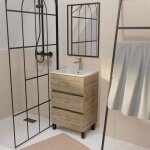Meuble de salle de bains 50cm timber - 3 tiroirs d�cor ch�ne - vasque blanche et miroir cadre noir