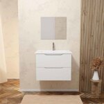 Meuble salle de bain 60 cm suspendu 2 tiroirs blanc laqué poignées intégrées vasque et miroir - mila Meuble salle de bain 60 cm suspendu 2 tiroirs blanc laqué poignées intégrées vasque et miroir - mila