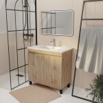 Meuble salle de bains 70 cm d�cor ch�ne naturel � portes - vasque c�ramique blanche et miroir 70x50