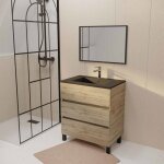 Meuble de salle de bains 70 cm timber - dcor chne naturel 3 tiroirs avec vasque noire