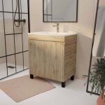Meuble de salle de bains 70 cm timber - dcor chne naturel  portes avec vasque cramique blanche