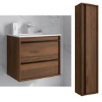 Meuble de salle de bain dimensions 80 cm couleur noyer maya miroir sans miroir colonne de rangement avec ...