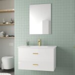 Meuble salle de bains 80 cm laqu blanc et or dor  tiroirs avec vasque cramique et miroir