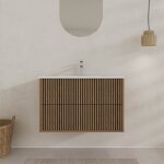 Meuble salle de bains 80cm 2 tiroirs d�cor ch�ne et noir crant� - vasque blanche mate - yuki