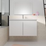 Meuble de salle de bains 80cm � suspendre blanc - 2 portes - vasque blanche - elementary