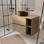 Meuble de salle de bains 80cm timber décor chêne 2 tiroirs et 2 niches - plan et vasque noire Meuble de salle de bains 80cm timber décor chêne 2 tiroirs et 2 niches - plan et vasque noire