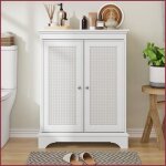 Meuble de salle de bain autonome avec rangement - portes en rotin - �tag�res ajustables - blanc