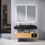 Meuble de salle de bain double vasque 150cm bois et noir avec miroir led à luminosité variable lb - 8470 ... Meuble de salle de bain double vasque 150cm bois et noir avec miroir led à luminosité variable lb - 8470 ...