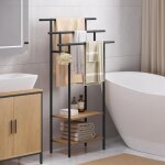 Meuble salle de bain eugad - porte serviette sur pied 3 niveaux - 68x28x117cm - noir + chne clair