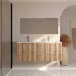 Meuble de salle de bains leon 120cm d�cor bois - 4 tiroirs en mdf ondul�s - vasque � encastrer