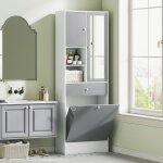 Meuble de salle de bain avec panier � linge et miroir �tag�re r�glable 62 x 283 x 181 cm gris et blanc ...