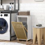 Meuble salle de bain avec panier � linge porte � lattes en bambou et sac amovible blanc et effet bois ...