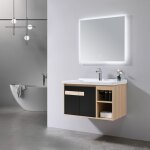 Meuble de salle de bain simple vasque 80cm bois et noir avec miroir led lb - 6969 luxurybain - Meuble de salle de bain simple vasque 80cm bois et noir avec miroir led lb - 6969 luxurybain -