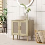 Meuble salle de bain sous lavabo meuble sous lavabo portes en rotin pieds bois de pin 2 niveaux 60 x ...