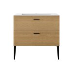 Meuble de salle de bain strié sur pieds avec vasque à encastrer - 2 tiroirs - naturel clair - 80 cm - ... Meuble de salle de bain strié sur pieds avec vasque à encastrer - 2 tiroirs - naturel clair - 80 cm - ...