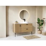 Meuble de salle de bain stri sur pieds avec vasque  poser ronde - 1 porte et 2 tiroirs - naturel clair ...