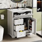 Meuble de salle de bain sur pied 76x46x87 cm - avec vasque en cramique - 3 tiroirs - gris(robinet non ...