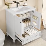 Meuble de salle de bain sur pied avec une vasque en céramique - 2 portes et 1 tiroir en bas - blanc(robinet ... Meuble de salle de bain sur pied avec une vasque en céramique - 2 portes et 1 tiroir en bas - blanc(robinet ...