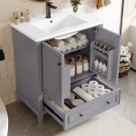 Meuble de salle de bain sur pied avec une vasque en céramique - 2 portes et 1 tiroir en bas - gris(robinet ... Meuble de salle de bain sur pied avec une vasque en céramique - 2 portes et 1 tiroir en bas - gris(robinet ...