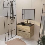 Meuble de salle de bains suspendu 70 cm timber dcor chne 2 tiroirs vasque noire et miroir 70x50