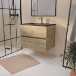 Meuble de salle de bains suspendu 70 cm timber - dcor chne naturel 2 tiroirs avec vasque noire