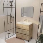 Meuble de salle de bains suspendu 70 timber d�cor ch�ne 3 tiroirs vasque blanche et miroir led 70x50