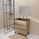 Meuble de salle de bains suspendu 70 timber dcor chne 3 tiroirs vasque noire et miroir led 70x50