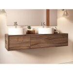 Meuble de salle de bain suspendu coloris naturel fonc avec double vasque  poser ronde - l150 cm - isaure ...