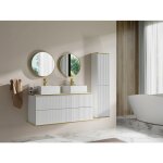 Meuble de salle de bain suspendu stri� avec double vasque � poser carr�e et colonne - blanc - 120 cm ...