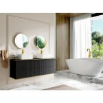 Meuble de salle de bain suspendu stri� liser� dor� avec double vasque � poser carr�e et 4 tiroirs - noir ...
