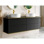 Meuble de salle de bain suspendu stri� liser� dor� avec double vasque � poser ronde et 4 tiroirs - noir ...