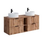 Meuble de salle de bain suspendu stri� avec niches et double vasque � poser ronde - naturel clair - l140 ...