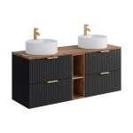 Meuble de salle de bain suspendu stri� avec niches et double vasque � poser ronde - noir et naturel clair ...