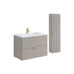 Meuble de salle de bain suspendu stri� avec vasque � encastrer et colonne - coloris beige - 80 cm - zevara ...
