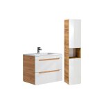Meuble de salle de bain suspendu avec vasque � encastrer et colonne - coloris naturel et blanc - 80 cm ...