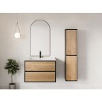 Meuble de salle de bain suspendu avec vasque à encastrer et colonne - coloris naturel clair et noir - ... Meuble de salle de bain suspendu avec vasque à encastrer et colonne - coloris naturel clair et noir - ...