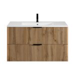 Meuble de salle de bain suspendu avec vasque � encastrer - naturel clair et noir - 100 cm - madela