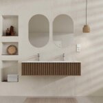 Meuble salle de bains yuki 120 2 tiroirs décor chêne et noir - vasque blanche - miroirs ovales 50x80 Meuble salle de bains yuki 120 2 tiroirs décor chêne et noir - vasque blanche - miroirs ovales 50x80