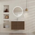 Meuble salle de bains yuki 80 - 2 tiroirs d�cor ch�ne et noir - vasque blanche - miroir led 70